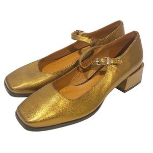 Anthropologie Gold Metallic Mary Jane Block Heel Pumps